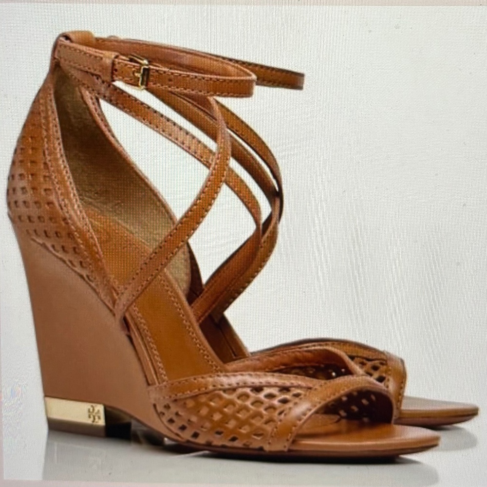Tory Burch “Alyssa” Tan Wedge Adjustable Strap/Peep Toe